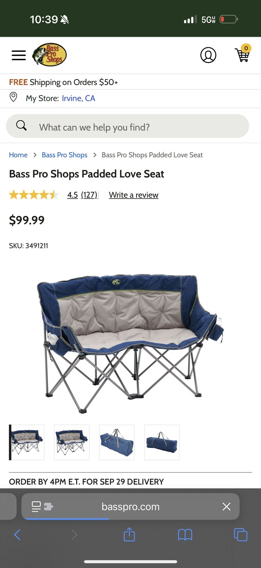 Bass Pro Shop Padded Love Seat Brand New !