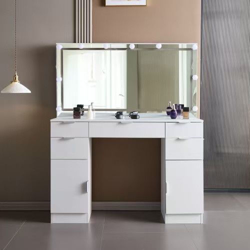 Vanity Mirror Desk With Drawers And Cabinet Doors For Storage, 3 Lighting Modes