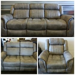Brand New Gray Polished Microfiber Reclining Sofa Loveseat & Chair 