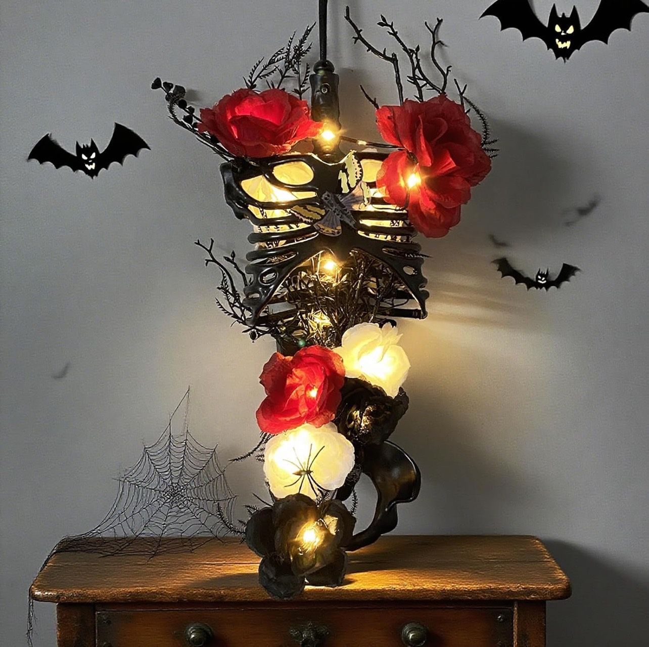 Halloween Decor, 27 Inch Gothic Wall Decor Light Up Floral Skeleton Torso for Halloween Decorations Indoor, Gothic Ribcage Art, Easy Assemble Indoor D