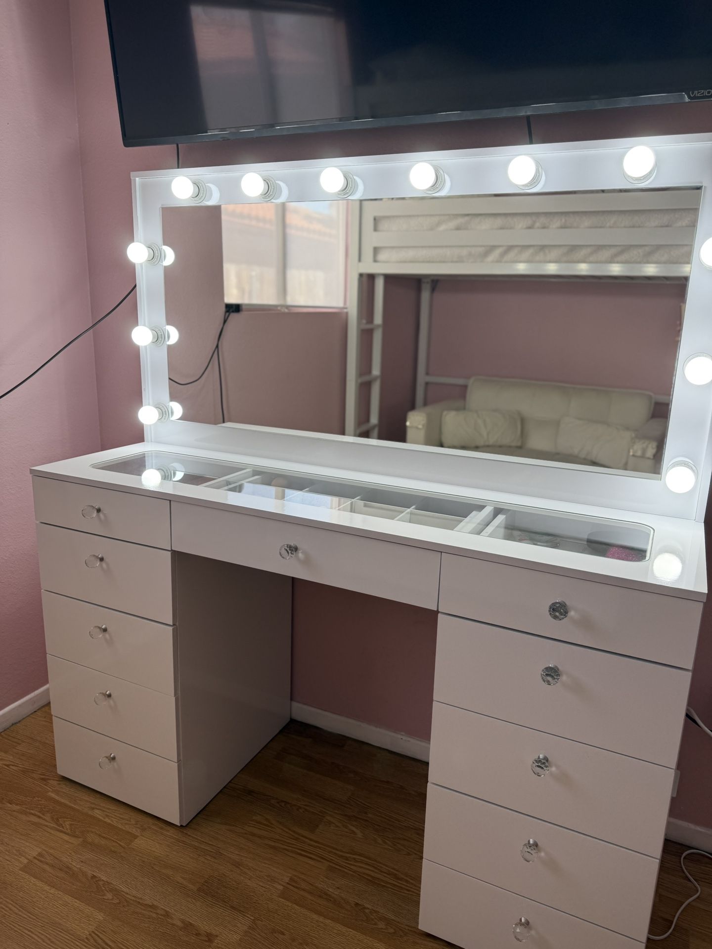 Large Hollywood Vanity with 11 Drawers and Crystal Knobs