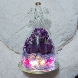 Glass Angel Figure With Real Preserved Roses & LED Light Up. Brand new