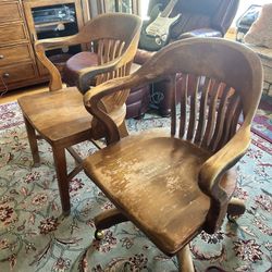 Vintage 1940s Oak Swivel Desk Chair & Matching Arm Chair Set