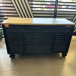 61 in. W x 23 in. D Heavy Duty 15-Drawer Mobile Workbench Tool Chest with Solid Wood Top in Matte Black