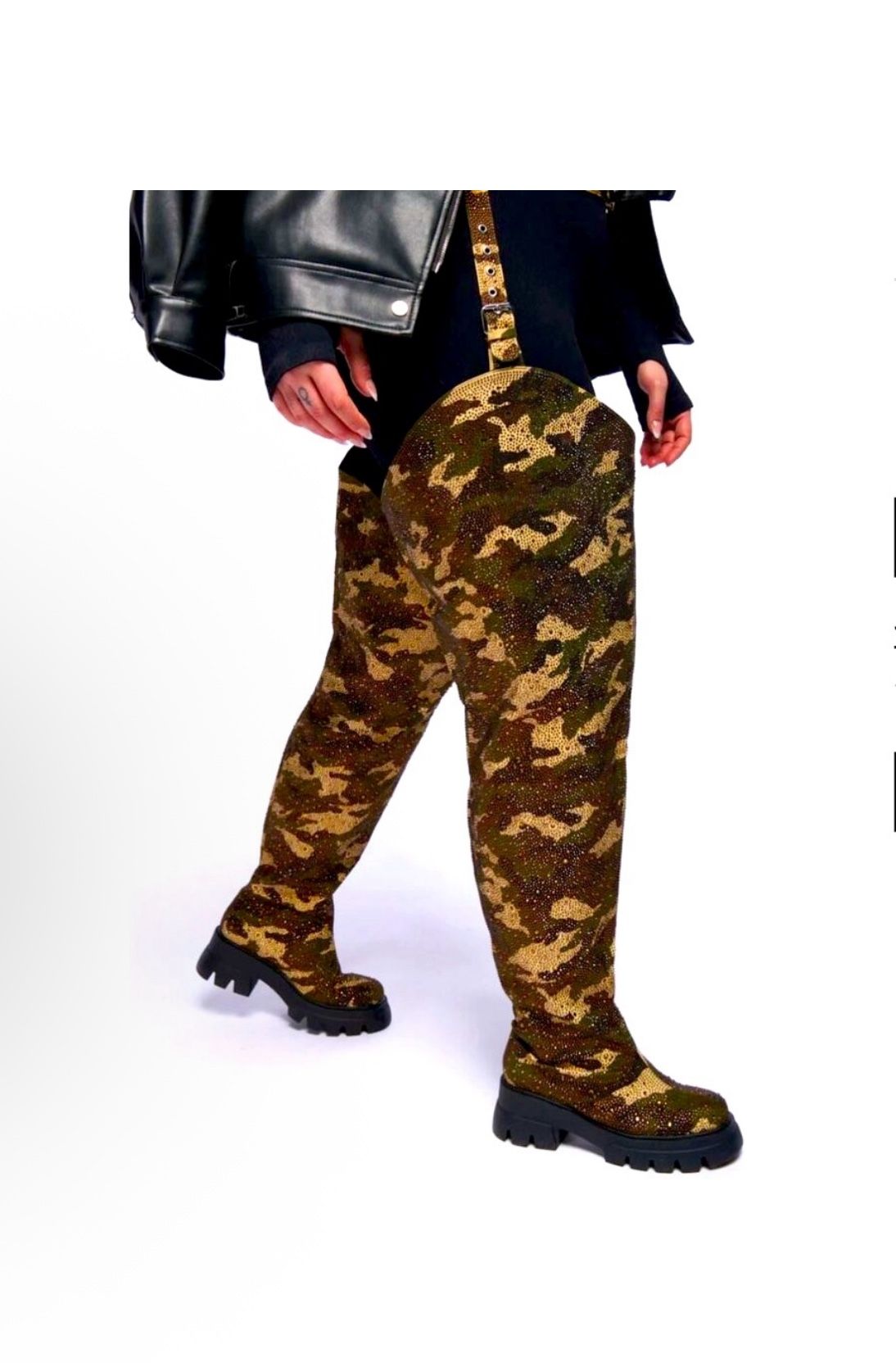 Size 8 1/2: Azalea Wang PopOut Rhinestone Camo Chap Flat ThighHigh Boot