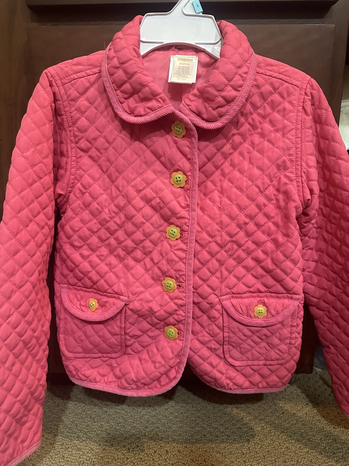 Gymboree Girls Pink Quilted Jacket M 7-8 Light Weight Flower Buttons