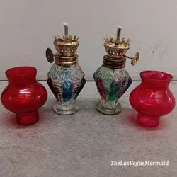 Vintage MCM Tiffany Style Hand Painted Glass Base Red Chimney 4.5" Inch Oil Lamps