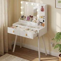 White Vanity Desk with Lighted Mirror