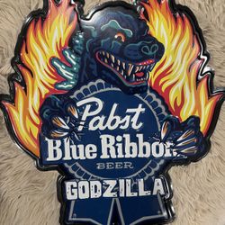 Pabst Blue Ribbon Godzilla Tin Metal Wall Tacker 18x16in