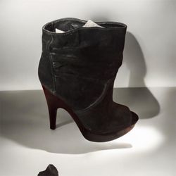 Gray Suede Peep-Toe Platform Ankle Boot