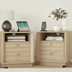 Nightstand Set of 2 with Charging Station, Mid Century Modern Nightstand with Wood Grain Texture, Boho End Table with Drawers Storage, Bedside Table f