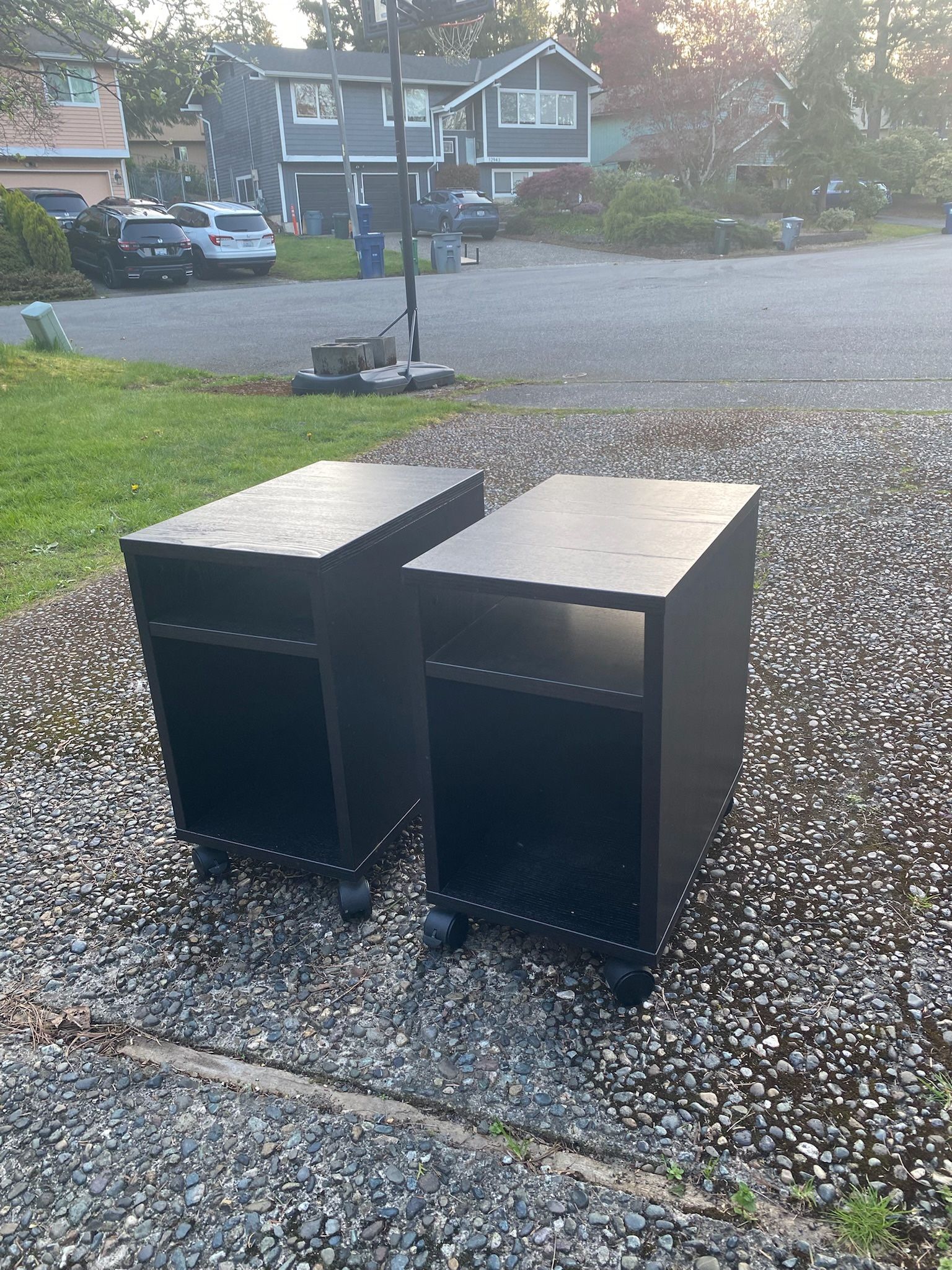 Black nightstand set/ desk shelf with wheels 