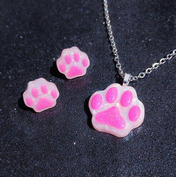 Pink white cat dog paw faux opal necklace and earrings studs set new handmade 