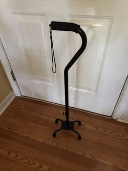 Blue Jay Offset Handle Quad Cane, Soft Foam Grip & Wrist Strap, Mobility Adjustable for Right or Left Hand Use, Large Base, Black