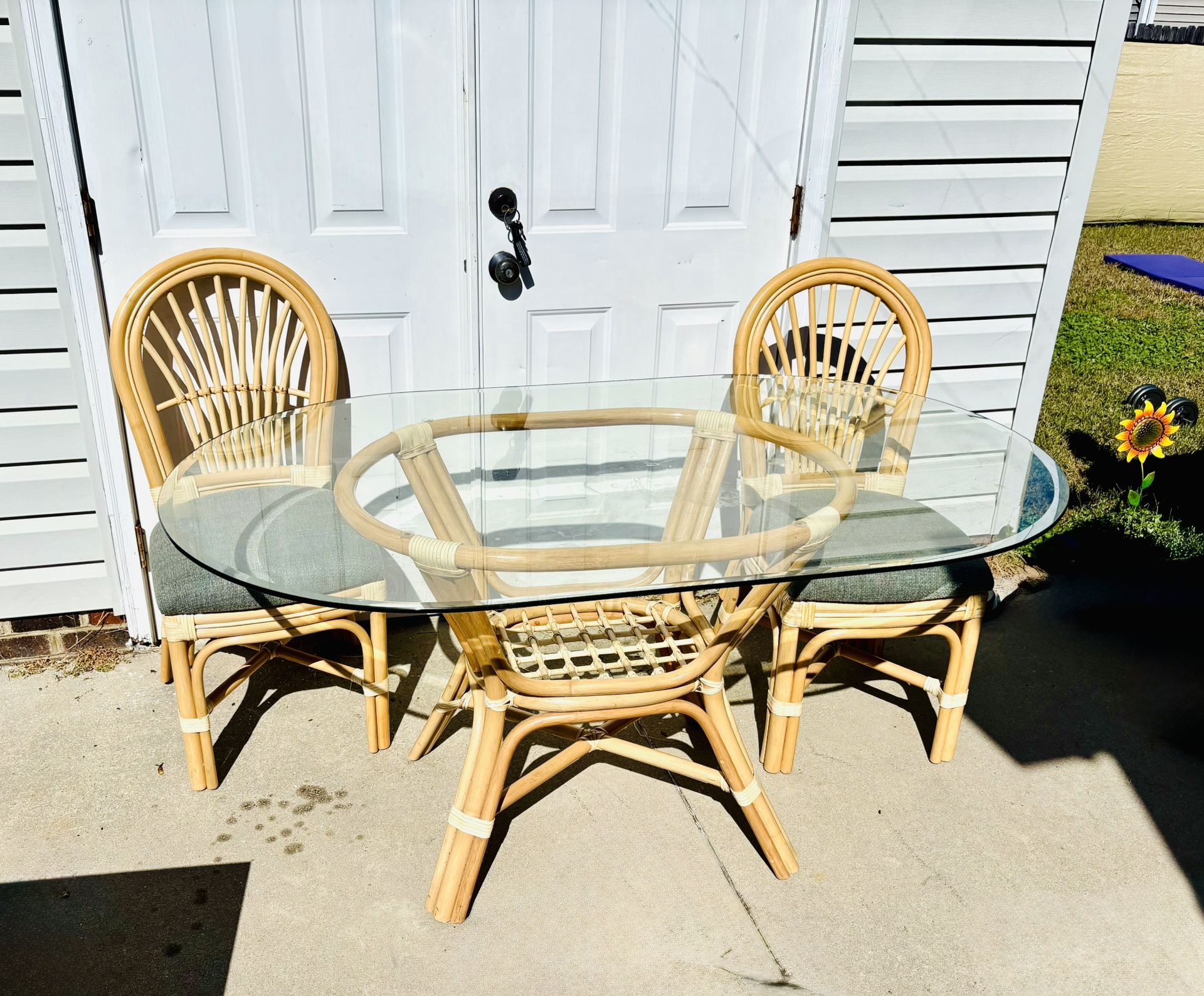 Coastal Glass-Top Dining Set — Table + 6 Rattan Chairs, Great for Beach House
