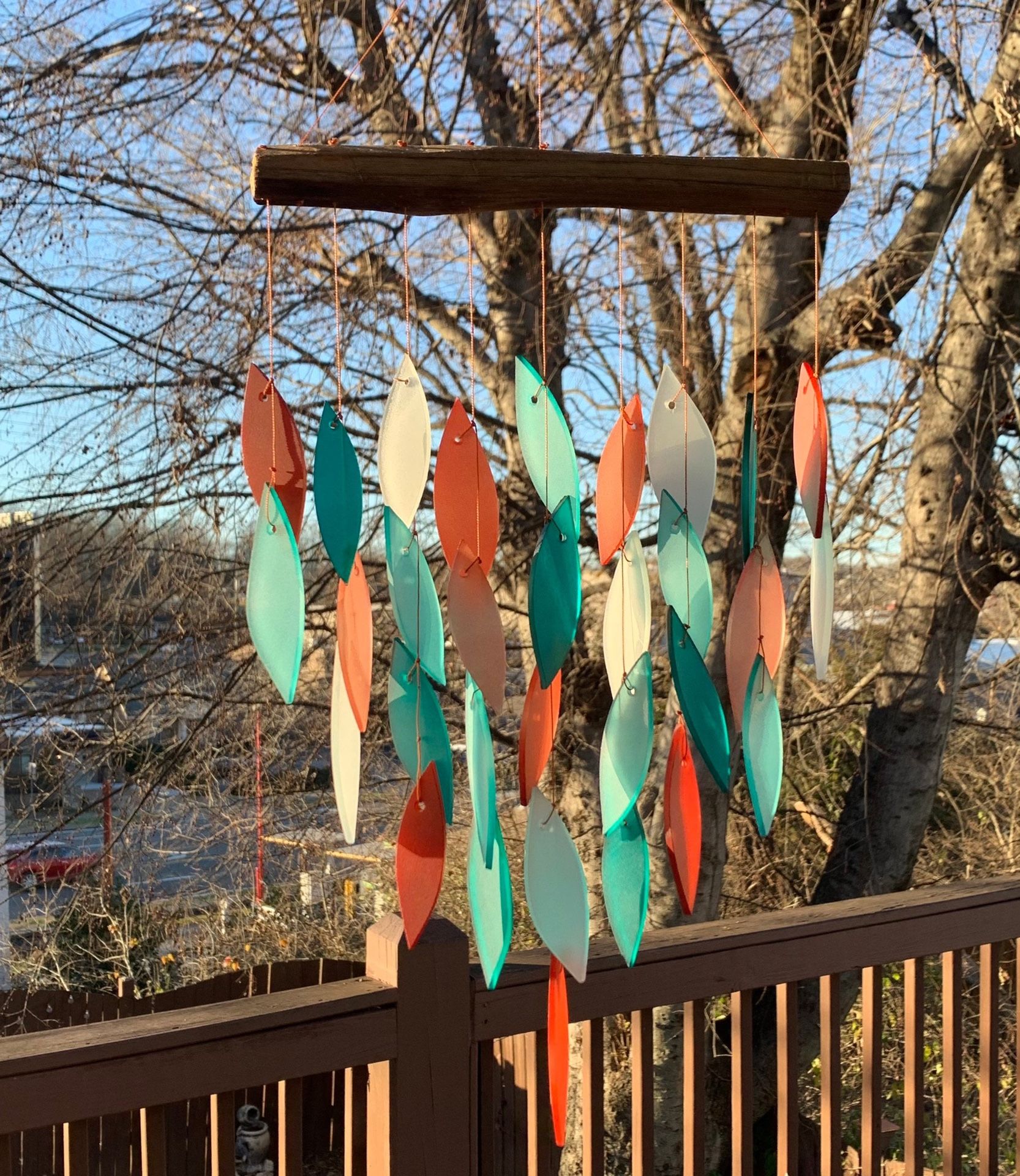 Sand Rose & Aqua Turquoise 9” x 20” Mixed Rainbow Leaves Cascade Stained Glass Driftwood Wind Chime Sun Catcher Mobile