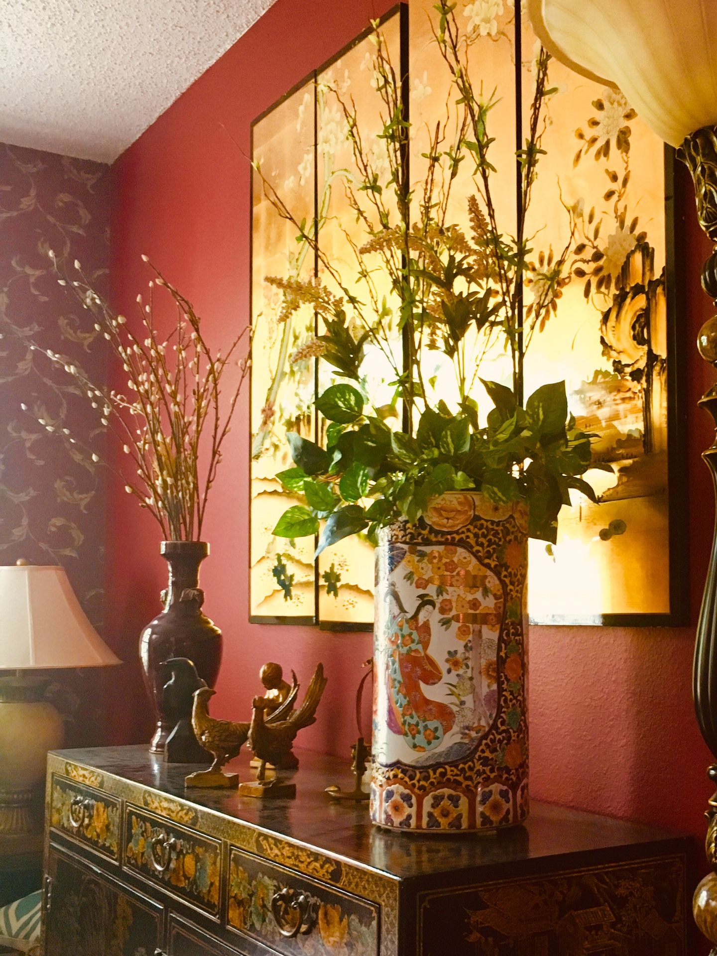 Beautiful Asian Vase with Artificial Flower Arrangement