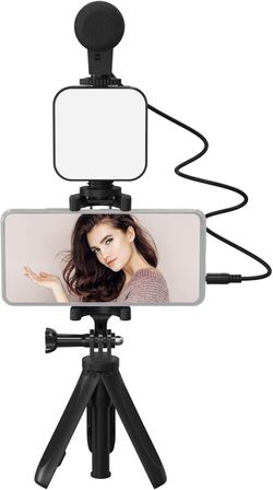 Andoer Smartphone Vlogging Kit Tripod Phone Holder + Microphone + Video Light + Clip + 3.5mm TRS to TRRS Audio Cable for Live Stream Video Recording