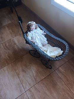 Antique Victorian Doll Buggy And Porcelain Doll