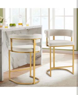 Set of 2 Beige Modern Velvet Bar Stools with Barrel Backrest, Upholstered Seat, and Gold Metal Footrest – 25.6-Inch Seat Height, Ideal for Counters, H