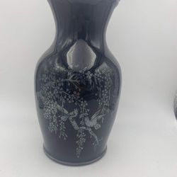 Sterling Silver Trees Leaves and Birds on Black Amethyst Glass Antique Vase
