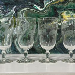 Set of 4 Vintage Libbey Glenmore and Etched Floral Iced Tea Goblets