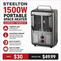 NEW STEELTON 1500W Portable Utility Space Heater | Adjustable Thermostat