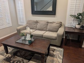 Light grey hide-a-bed sofa, end table and coffee table