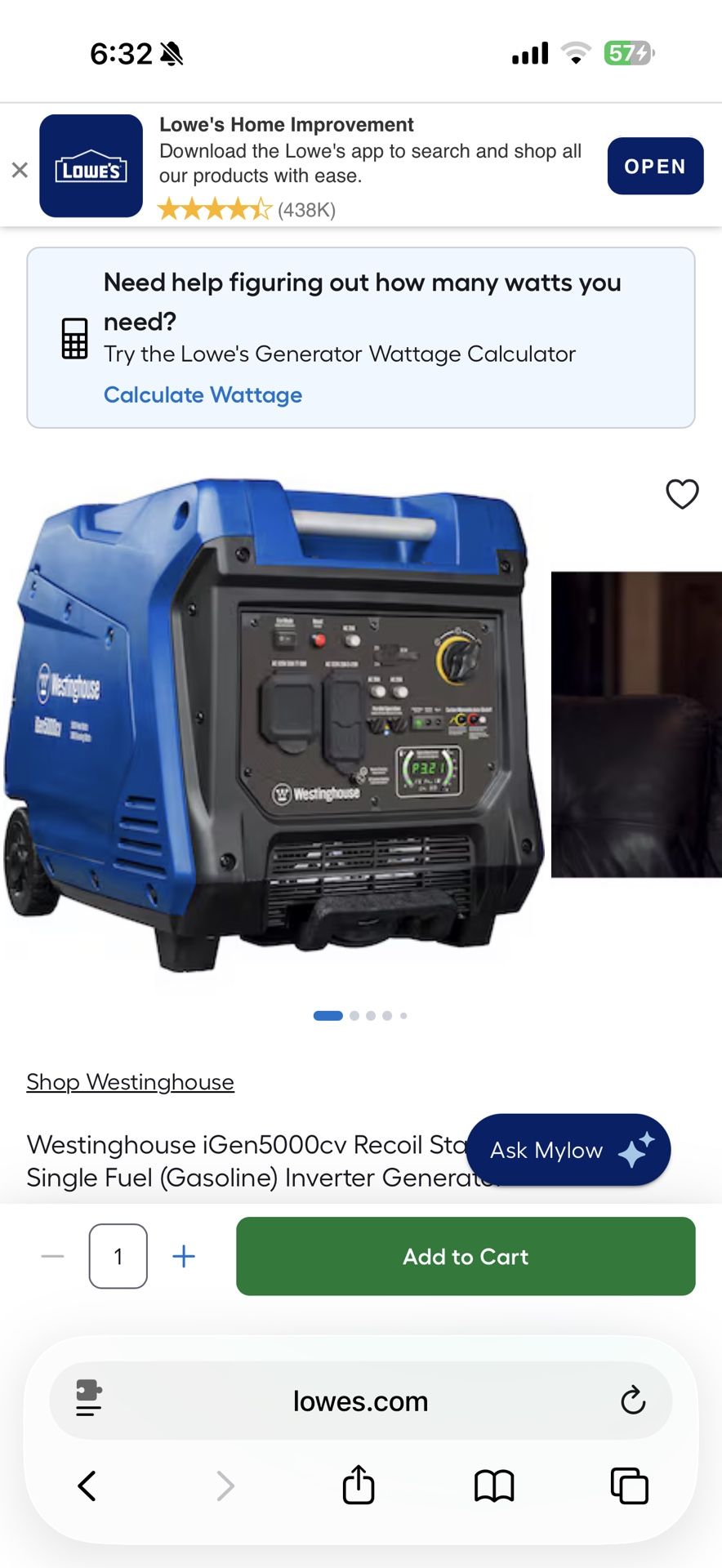 Westinghouse iGen5000cv Recoil Start 5000 -Watt Single Fuel (Gasoline) Inverter Generator