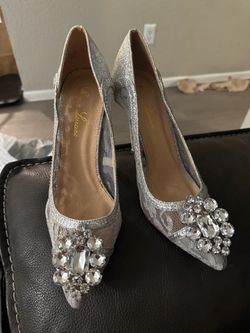 Lauren Lorraine Silver Lace Pointed-Toe Heels with Rhinestones