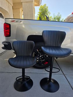 Set of 2 Modern Black Faux Leather Swivel Bar Stools - Adjustable Height