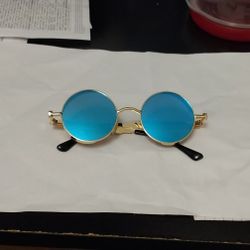 BRAND NEW Blue Lens Imitation Gold Spring Loaded Sun Glasses