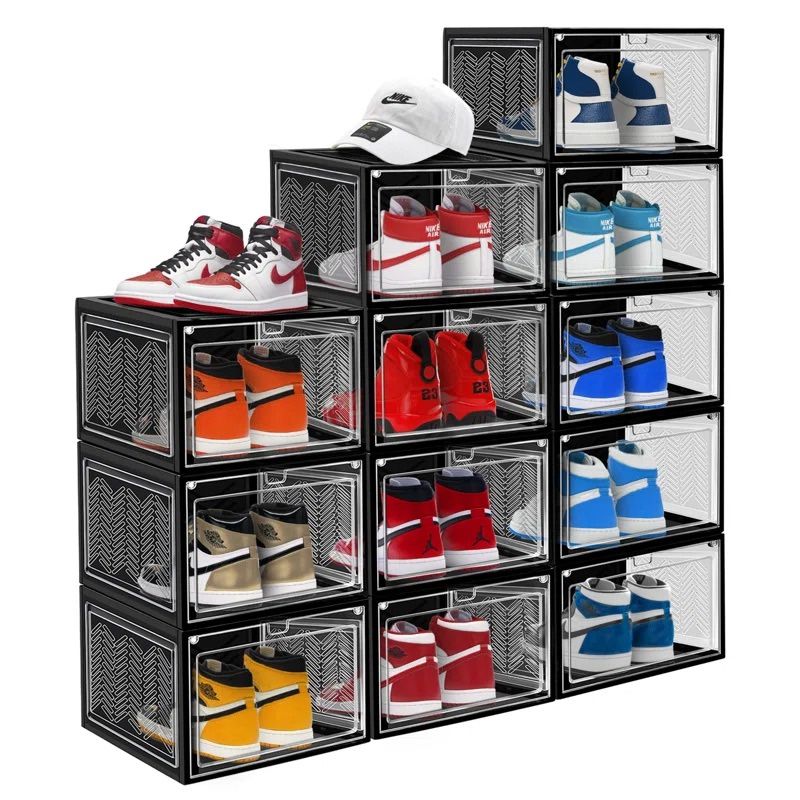 Stackable Large Shoe Containers Shoe Storage Box with Hard Plastic Drop Front for Sneakers (Black Set of 12)