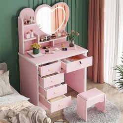 Modern Makeup Vanity Professional Heart Shape Mirror Dressing Table Set for Bedroom with Led Lights Around Mirror