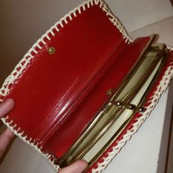 VINTAGE NEW HIGH QUALITY GENUINE LEATHER STITCHED FLORAL FLOWER RED WHITE COIN PURSE WALLET