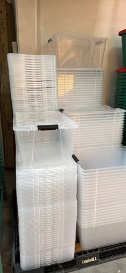 45 QT CLEAR STORAGE BINS WITH LID – STACKABLE – $5 EACH
