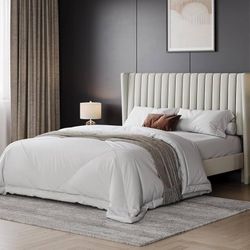 Queen Size Bed Frame White Tufted Upholstery Platform Bed Frame Box Sealed 