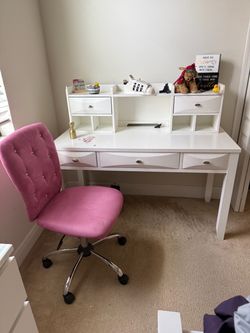 White Desk and Butch with Pink Velvet Chair
