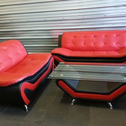 Brand New Black & Red Leather Sofa & Loveseat