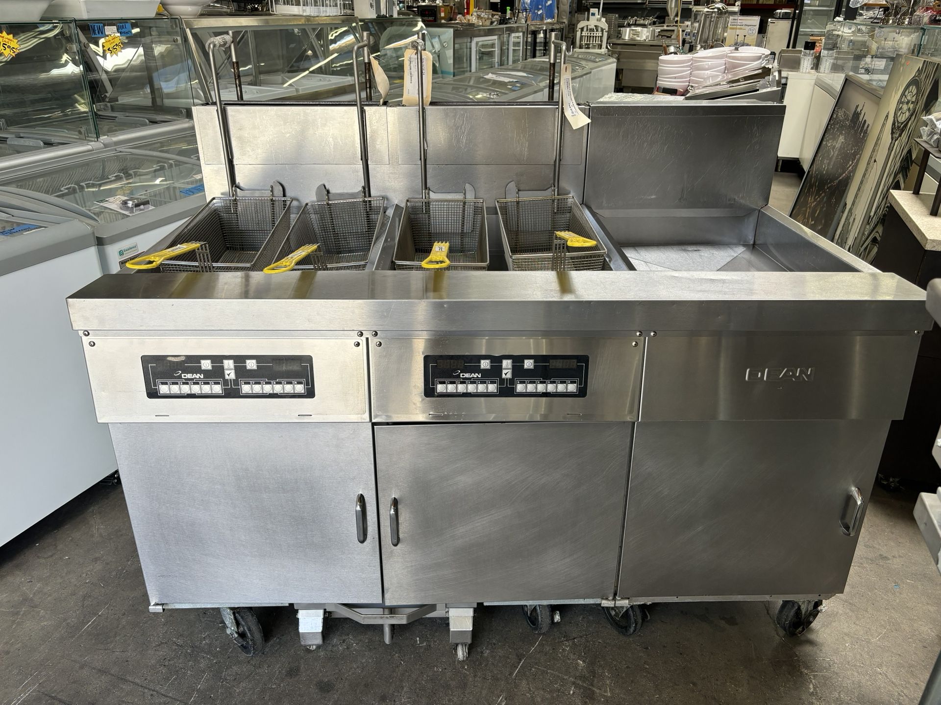 Double 75 LB Gas Deep Fryer Dean Frymaster With Filer System And Basket Lift Full Programmable On Wheels Commercial Restaurant Equipment NSF 