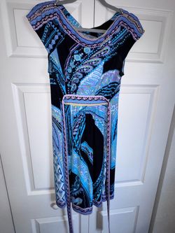 Blue & Black Printed Tie Waist Dress, Medium