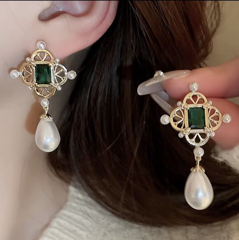 Gold Plated Geometric Zircon Flower Drop Pearl Retro Palace Earrings