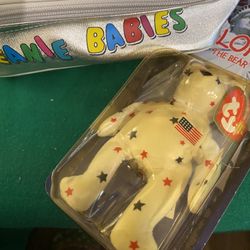 TY Baby Glory Bear NIB And TY Baby Case With Sticker And Coin