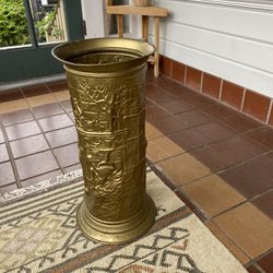 Gorgeous Mid-Century Vintage Made in England Embossed Brass Patina Umbrella Stand or Vase