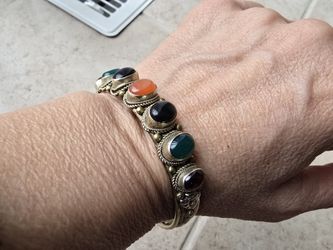 7 different stones inlay 2 type metals bracelet