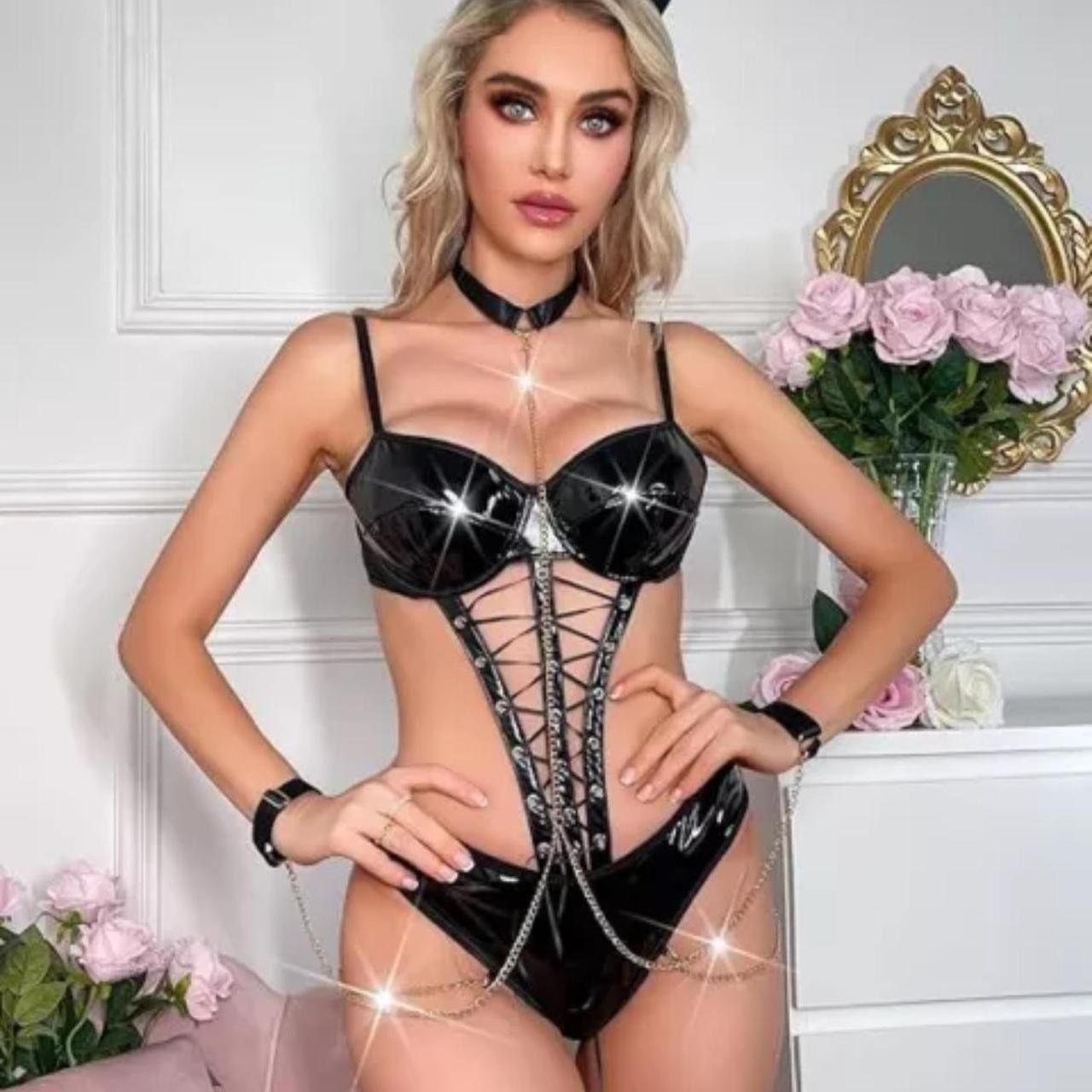 Women's Leather Lingerie Sexy Bodysuit Sleeveless Teddy Jumpsuit Rave Outfit Set