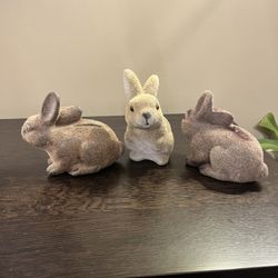 3 Vintage Flocked Brown Bunny Rabbits Bank Easter