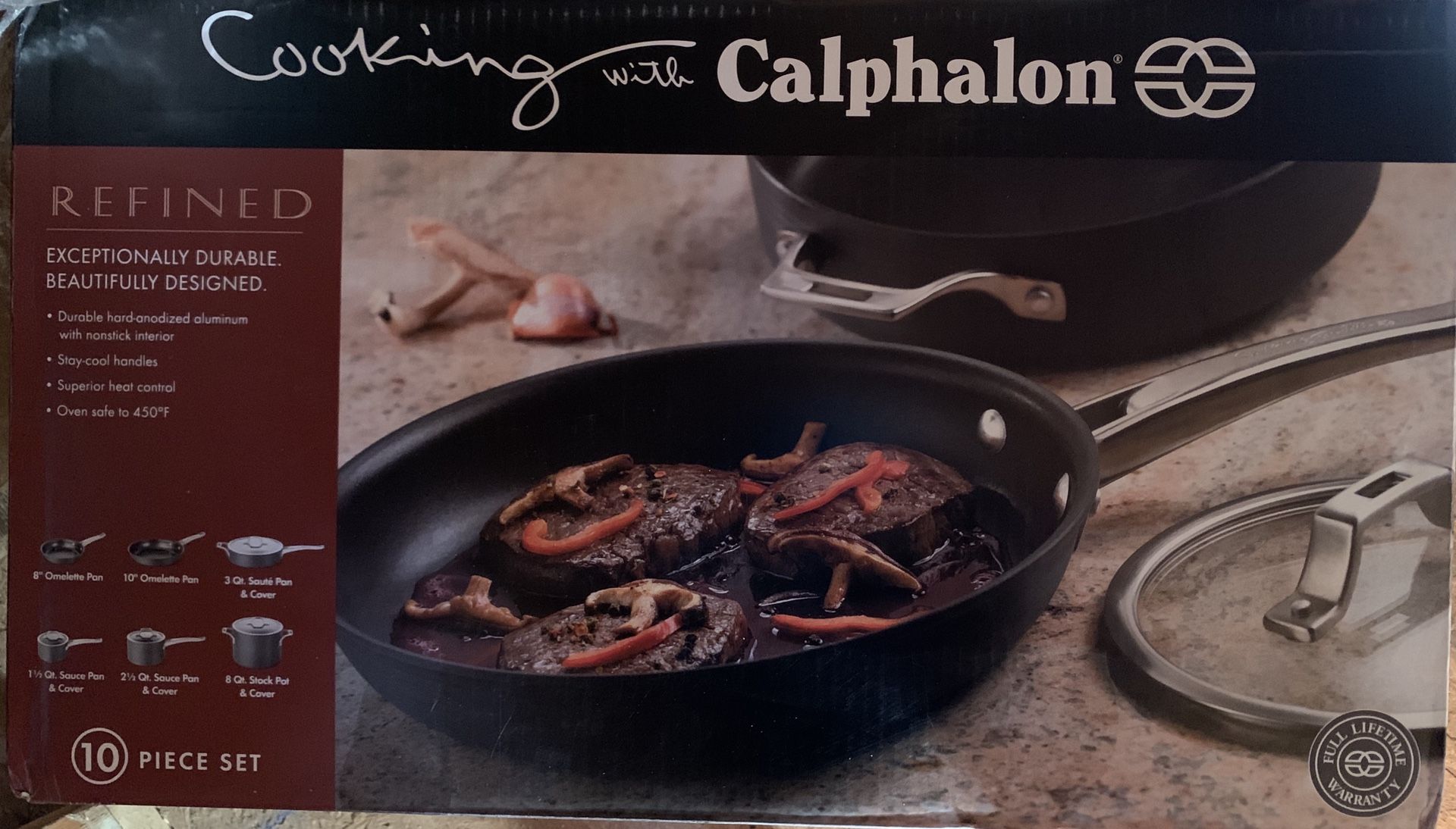 New 10 pc Cooking with Calphalon Refined Hard Anodized Set