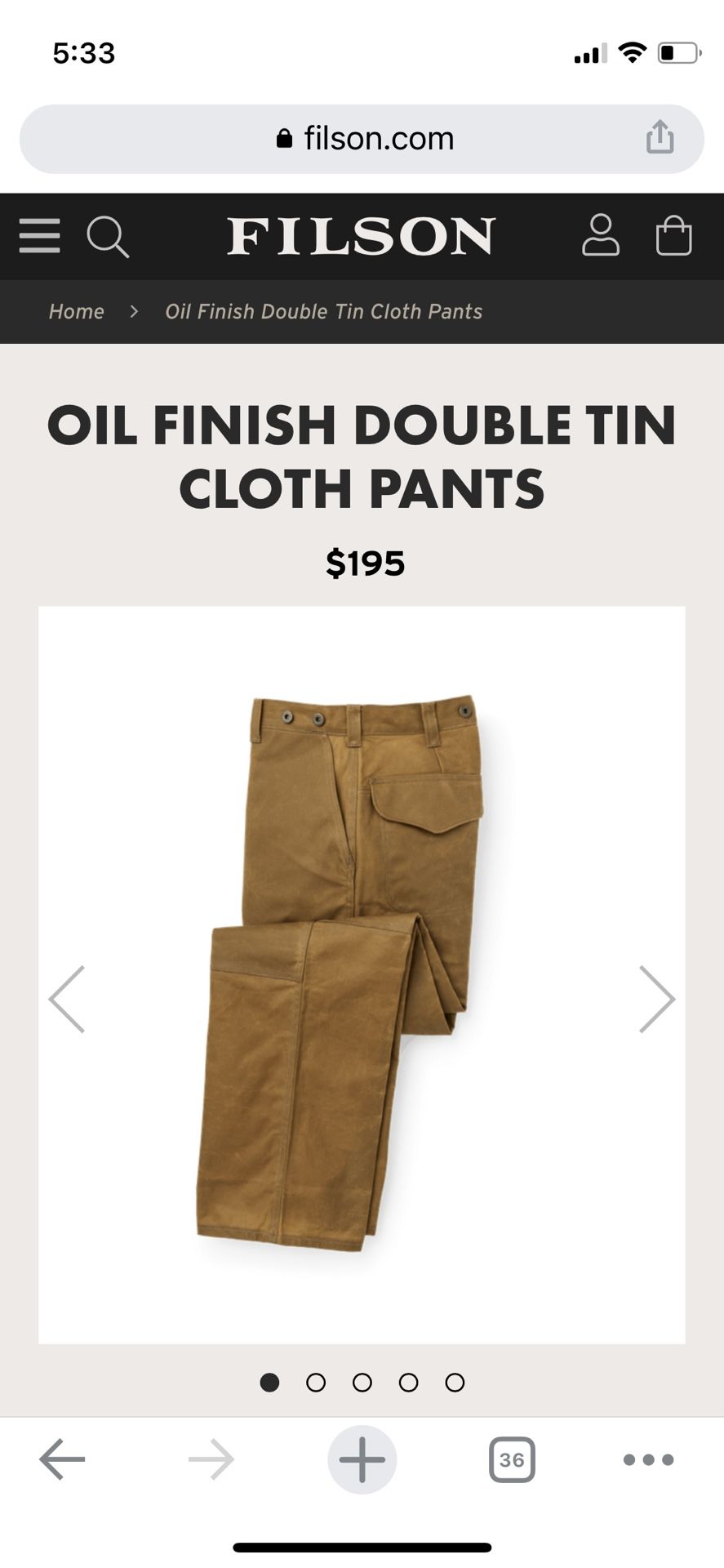 Filson Tin Pants / Oil Finish Double Tin Cloth Pants / Size 28