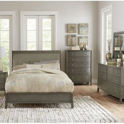 Brand New Gray Padded Queen Bedframe + Dresser + Mirror + Nightstand 4PCs Bedroom Set